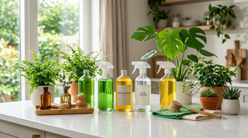 A stylized, richly saturated image showcasing a sleek arrangement of eco-friendly cleaning products in clear
