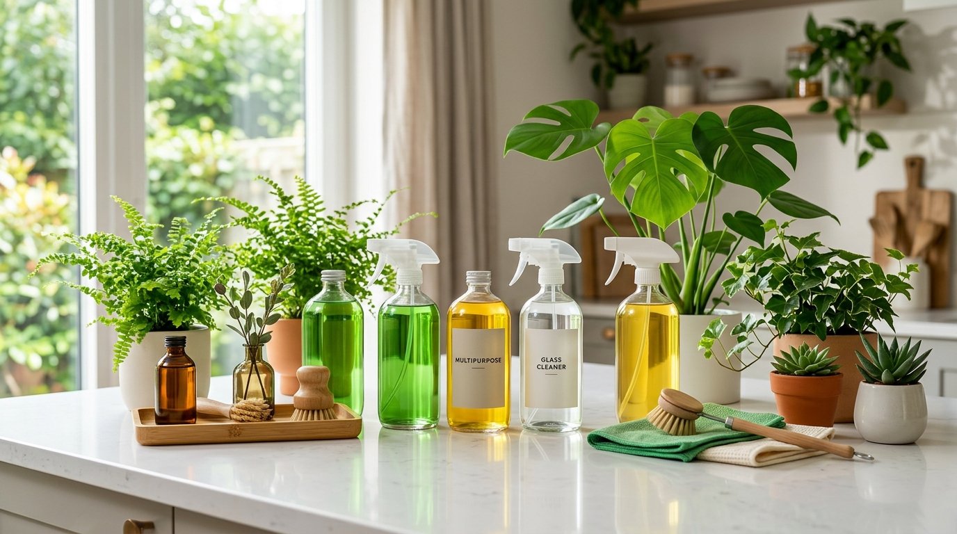 A stylized, richly saturated image showcasing a sleek arrangement of eco-friendly cleaning products in clear